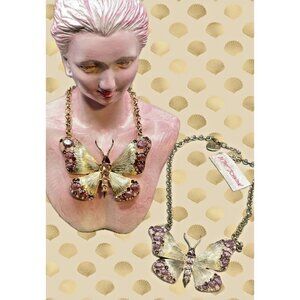 Betsey Johnson Gold Texture Purple Stone & Pave Large Butterfly Pendant Necklace